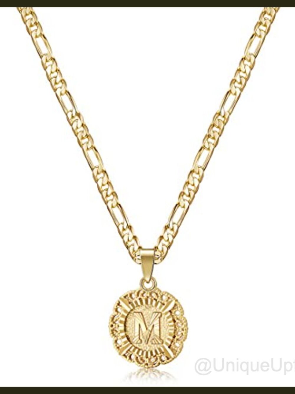 Initial Letter M Pendant Necklace Stainless Steel Figaro Chain 20in